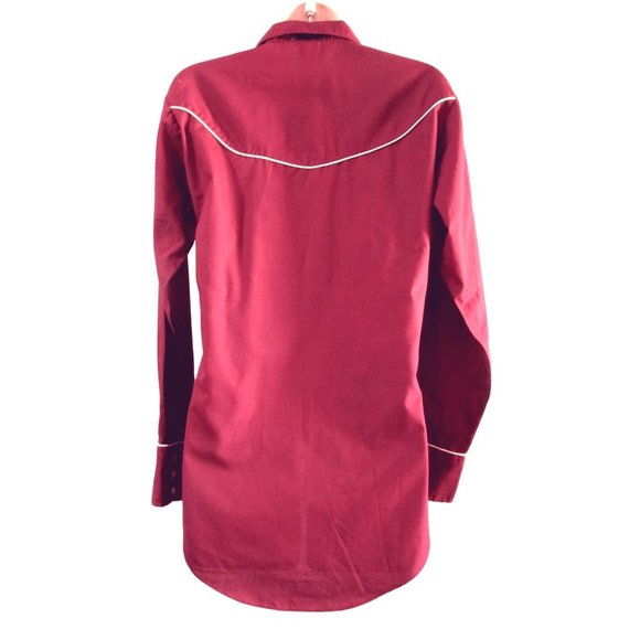 Vintage 70s Levis Pearl Snap Womans S Western Cowboy Rodeo Shirt Maroon White - Picture 2 of 16